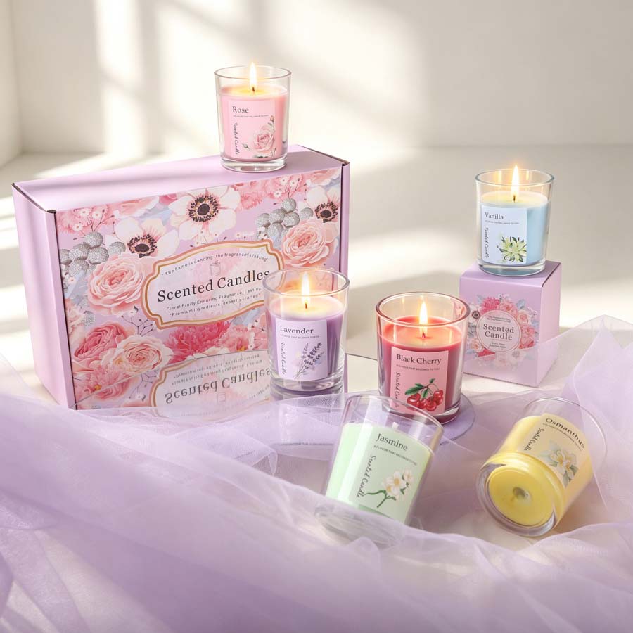 Home Fragrance Usa - ชุดของขวัญเทียนหอมอโรมาเธอราพี 6 กลิ่นที่แตกต่างกัน เทียนในขวดแก้วสำหรับห้องนอน งานแต่งงาน และของขวัญงานปาร์ตี้